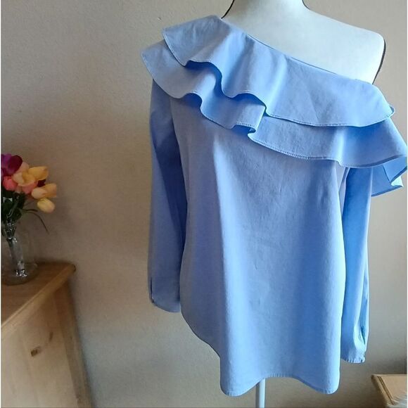 Calvin Klein Blue One Shoulder Ruffle Blouse - Picture 3 of 8